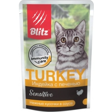 Blitz Sensitive пауч для кошек кусочки в соусе Индейка с печенью, 24 шт